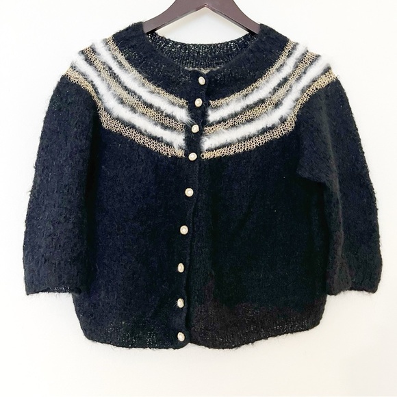Vintage Sweaters - Hand Knit Mohair Blend Button Up Cardigan